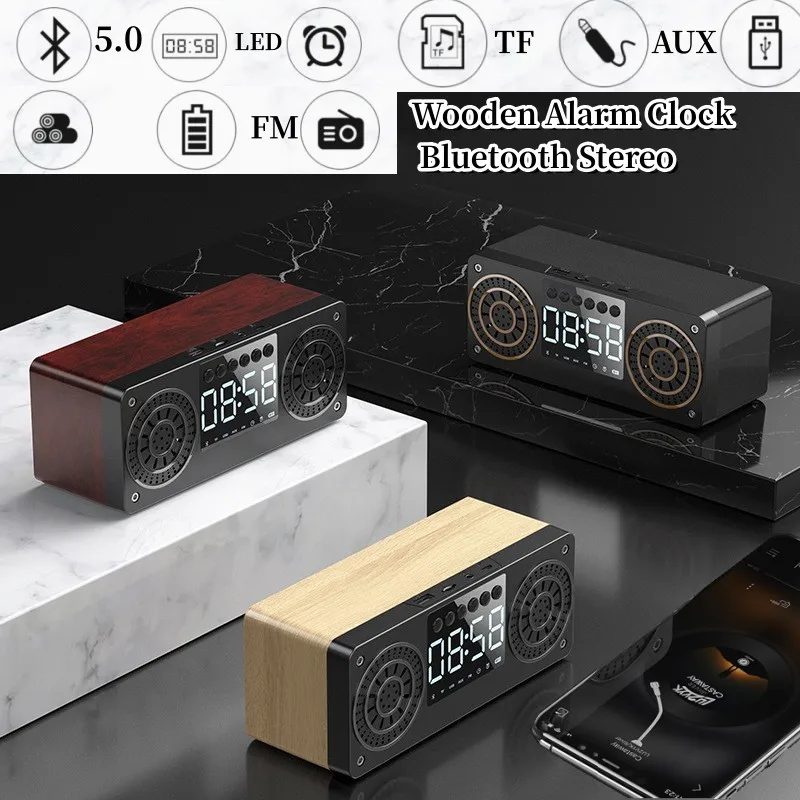 Новый многофункциональный Деревянный Винтажный будильник Беспроводной динамик Bluetooth FM-радио Карта памяти USB флэш-накопитель Двойной будильник