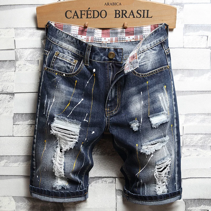 Мужские свободные прямые джинсы с коротким рукавом в стиле Paint, модные уличные летние короткие брюки из перфорированного денима с перфорацией для нищих, большие размеры