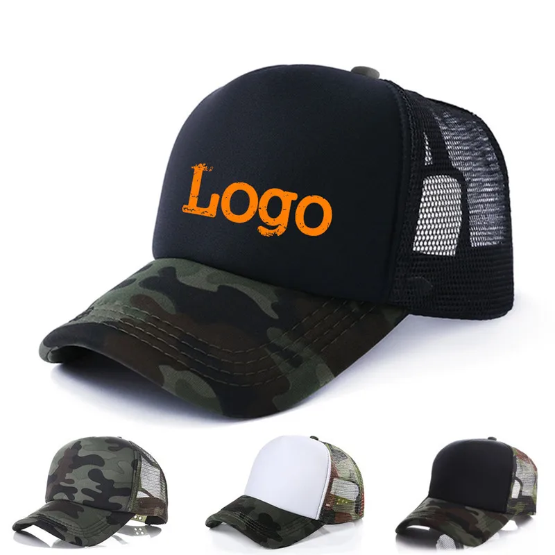 Камуфляжная камуфляжная печать логотипа trucker hat Изготовленная на заказ сетчатая спортивная шляпа для взрослых мужчин наружная летняя вышитая бейсболка для женщин