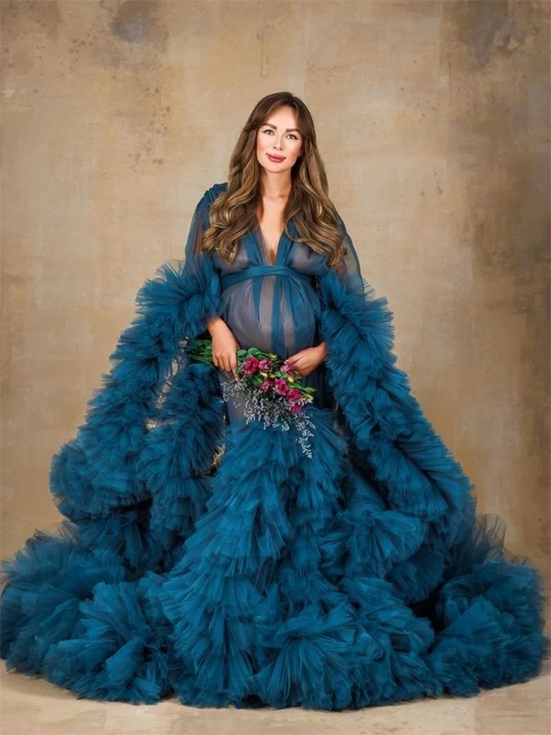 Королевские синие свадебные платья для беременных для фотосессии, V-образный вырез с поясом, длинные рукава, халат для беременных, сшитое на заказ женское платье для выпускного вечера