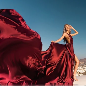 2022 Темно-Красное Вечернее платье С Длинным Шлейфом, Сексуальное Платье С Открытой Спиной И Высоким Разрезом Спереди, Простое Атласное платье Для Выпускного вечера С V-образным вырезом  3