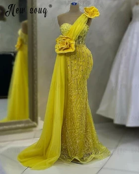 2023 Желтое вечернее платье на одно плечо С фатиновым боковым шлейфом, Элегантные свадебные ночные платья Русалки, расшитые бисером, официальные вечерние платья  3