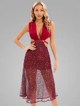 2023 Летнее Женское Сексуальное платье без рукавов с глубоким V-образным вырезом и блестящими пайетками, красное Облегающее бандажное платье Миди, Элегантное Вечернее платье для вечеринки в клубе  10