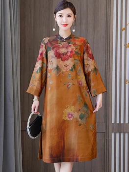 2023, Модное Шелковое платье Миди с цветочным рисунком и длинным рукавом, Женское Роскошное Элегантное платье со свободной талией, Осенне-Зимнее Корейское Винтажное Повседневное платье  5