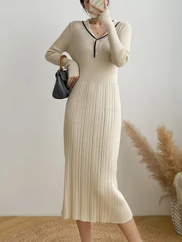 2023 Новое осенне-зимнее вязаное платье для женщин, вязаное платье Миди с V-образным вырезом и длинным рукавом, Элегантные повседневные винтажные черные платья  5