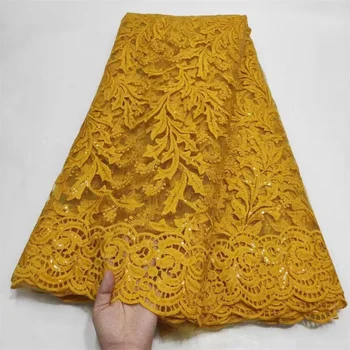 2024 Желтое Высококачественное Французское Нигерийское сетчатое полотно с вышивкой 2,5 ярда, Африканская кружевная ткань с пайетками для пошива свадебного платья  1