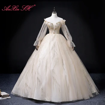 AnXin SH винтажное кружевное платье цвета шампанского с вырезом лодочкой и длинным рукавом, иллюзия бисероплетения, хрустальное бальное платье, принцесса, вечеринка, невеста, ведущее, вечернее платье  4