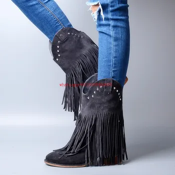 Choudory Botines mujer velet ботинки Челси из натуральной кожи, черные, синие высокие сапоги с бахромой, ковбойские кожаные сапоги, женская обувь 2017  10