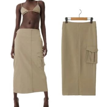 Dave & Di High Street Show Модная юбка-карго цвета хаки с карманами, боковые юбки миди, женские юбки  10
