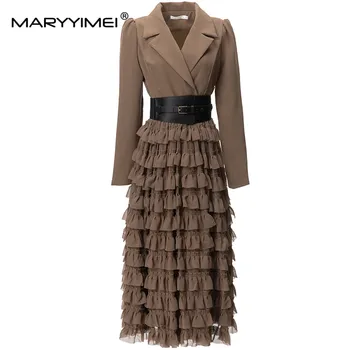 MARYYIMEI Модное осенне-зимнее женское платье, костюм с длинными рукавами и поясом, многоуровневые платья для торта в стиле пэчворк с оборками  5