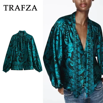 TRAFZA 2023 Женская Осенне-Зимняя Винтажная Рубашка С Принтом, Модные Повседневные Атласные Свободные Однобортные Блузки На Шнуровке Для Женщин  5