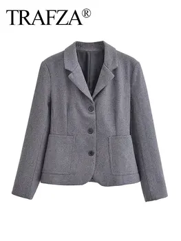 TRAFZA Элегантная женская модная куртка с V-образным вырезом и длинным рукавом на пуговицах, осенний минималистичный Серый блейзер, женская повседневная куртка с карманами  5