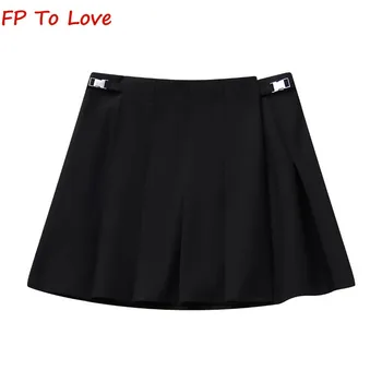Y2K Узкая мини-юбка с высокой талией и пуговицами в стиле колледжа, Широкая плиссированная мини-юбка, Черная женская уличная одежда PB & ZA 4432506  5