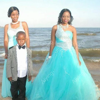 Африканские свадебные платья с блестящими кристаллами и бисером на одно плечо, кружевные пляжные свадебные платья из тюля небесно-голубого цвета со стреловидным шлейфом  5