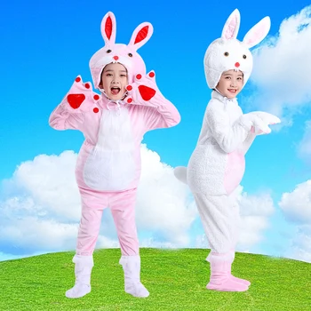 Бело-розовый костюм кролика для детей, косплей милых животных, детская одежда для вечеринки на Хэллоуин, Фестивальные подарки, сценический спектакль  5