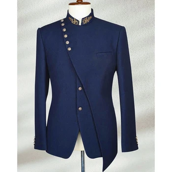 Блейзер, мужские костюмы, темно-синий костюм, домашняя куртка, цельный воротник-стойка, Элегантное платье для официальных мероприятий, обычная длина, приталенный крой  5