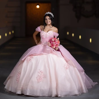Блестящее розовое бальное платье принцессы с открытыми плечами, пышные платья, элегантные бретельки, аппликации, платье Crystal Sweet 16  10