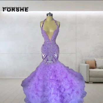 Блестящие Сиреневые платья для выпускного вечера 2024 с хрустальными оборками Вечерние платья Русалки с бретелькой на шее Вечернее платье Vestidos De Gala  3
