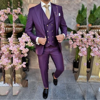 Великолепные фиолетовые мужские костюмы Однобортный с остроконечным лацканом Приталенный плоский обычной длины пиджак из 3 предметов Брюки Жилет Офисный блейзер  0