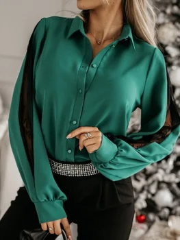 Весенняя женская кружевная рубашка в стиле пэчворк с длинными рукавами 2024, свободная рубашка  5