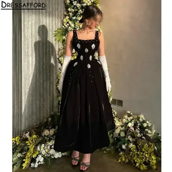Вечерние платья трапециевидной формы из Дубая с квадратным воротником длиной до чайной, расшитые жемчугом, 3D цветами, вечерние платья для официальных вечеринок из черного бархата  5