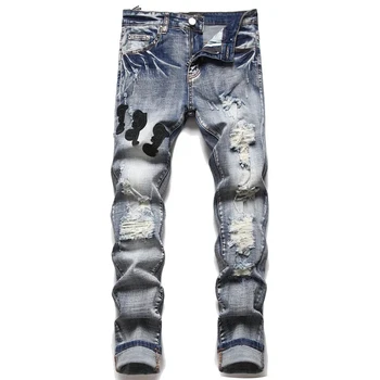 Высокие уличные мужские джинсы, рваные мотоциклетные джинсовые брюки, мужская одежда с дырками, облегающие брюки-карандаш, джинсы в стиле хип-хоп, Брендовые Модные брюки  5