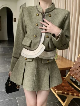 Высококачественный осенне-зимний французский винтажный комплект из двух предметов Для женщин, куртка, пальто + юбка, костюмы из 2 предметов Conjuntos Femininos Elegantes  5