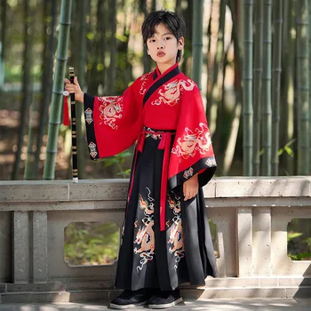 Детская старинная одежда Hanfu для мальчиков, осенне-зимний новый высококачественный комплект одежды для выступлений ученых в древнем стиле  5