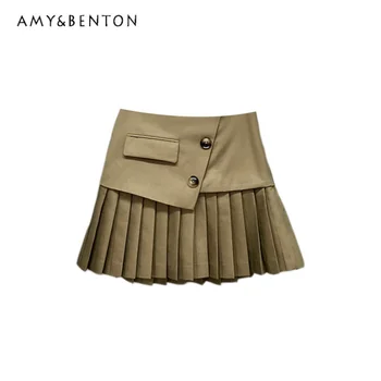 Европейская станция, плиссированная юбка нерегулярного дизайна, модная летняя юбка для девочек 2023, универсальная женская мини-юбка трапециевидной формы для женщин  5