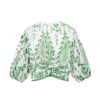 Женская блузка с вышивкой MsOrodi, зеленый укороченный топ с вырезами, Женский короткий топ с пышными рукавами, женская прозрачная укороченная летняя блузка  5
