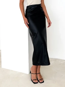 Женская юбка из искусственной кожи, однотонная юбка-карандаш с высокой талией, Элегантные Облегающие офисные длинные юбки для работы в обтяжку  5