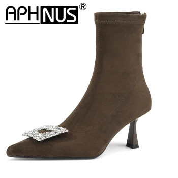 Женские ботинки APHNUS из эластичной ткани со стразами, короткие Ботильоны, туфли-лодочки на среднем высоком каблуке, Новинка 2023 года.  10