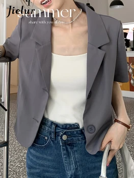 Женский пиджак Jielur Office Lady, летнее короткое пальто во французском стиле, рабочая одежда, свободные куртки абрикосового цвета с коротким рукавом, модные размеры S-XL  5