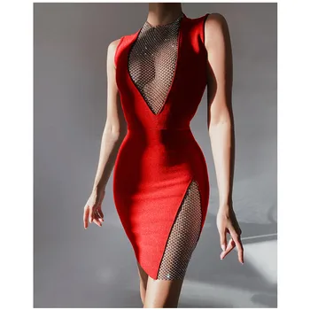 Женское летнее сексуальное мини-платье без рукавов с бриллиантами и кристаллами, красное бандажное мини-платье 2021, модное вечернее платье для вечеринок, женское Vestidos  4
