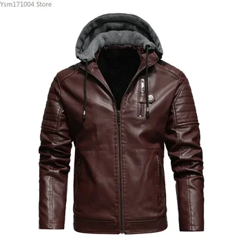 Зимняя мужская куртка из искусственной кожи, высококачественная плюшевая толстая мужская мотоциклетная куртка, уличная мода, мужская кожаная куртка с капюшоном, пальто  5