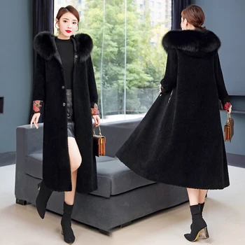 Зимняя шуба из искусственного меха, женские Толстые Теплые пальто с принтом, с капюшоном, с длинным рукавом, Черная приталенная одежда в винтажном стиле  5