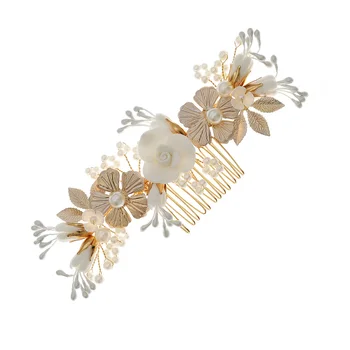 Золотая расческа для волос подружек невесты, роскошный керамический цветок, создатель неряшливых пучков для женского повседневного головного убора, украшения NOV99  5