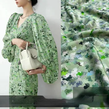 Индивидуальная масляная роспись с зеленым ореолом, эластичная ткань из двойного шелка Цяо, европейская и американская ткань для одежды R  1
