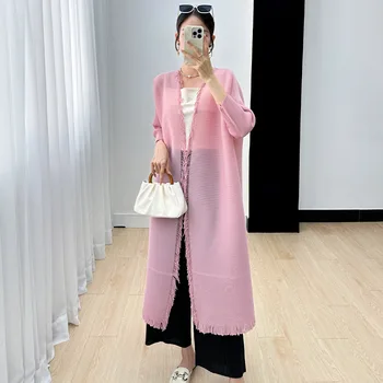 Кардиган Miyake, пальто с кисточками, женское осеннее 2023, новое модное длинное пальто простого покроя, однотонное длинное пальто с укороченными рукавами.  5