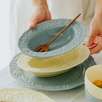 Керамические Тарелки Morandi Color в скандинавском стиле Ретро Тарелка Стейк Паста Хлебные Блюда Салат Десерт Ресторанный Набор посуды Для дома  5