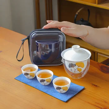 Керамический чайник Gaiwan с 3 чашками Чайные наборы для домашнего офиса Портативный дорожный чайный набор Посуда для питья  4