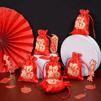 Китайский Новогодний Счастливый Мешок В Китайском Стиле Вязаный Благословляющий Мешок Многоразового Использования Из Искусственного Шелка Праздничный Сенсорный Красный Конверт для Весеннего Фестиваля  5