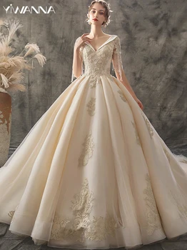 Классическое Свадебное платье С V-образным вырезом И Коротким Рукавом, Элегантное Свадебное платье С Аппликациями, Роскошное Бальное платье, Длинный Халат Невесты, Vestidos De Novia  5
