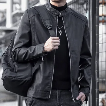 Кожаная мужская корейская версия, красивая приталенная куртка, мотоциклетное повседневное мужское пальто, новинка осени  5