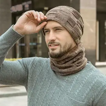 Комплект вязаных шапок и шарфов для мужчин, вязаная шапка без полей, толстая плюшевая зимняя шапка-шарф с ветрозащитной защитой для мужчин для улицы  5