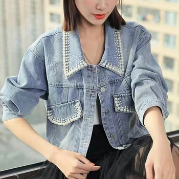 Короткая джинсовая куртка Biyaby с жемчужным декором для женщин, Корейские однобортные свободные джинсовые пальто, Женская осенняя верхняя одежда с длинными рукавами 2023 года.  5