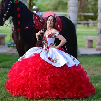 Красное бальное платье Lorencia Quinceanera Dress 2023 Кружевные Аппликации Вышивка Многоуровневые Оборки Sweet 16 Dress Vestidos De 15 Anos YQD217  5