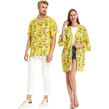 Летняя новинка Для пары, подходящая для пляжного отдыха на Гавайях, тропической рубашки с желтым принтом в виде пальмовых листьев или свободного кимоно  10
