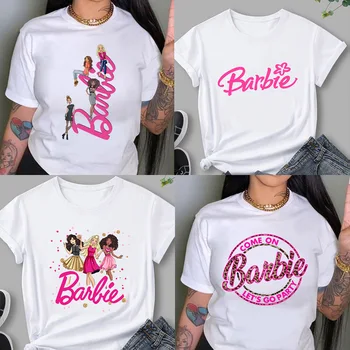Летняя футболка Barbie, женская футболка с принтом принцессы из мультфильма Каваи, хлопковая майка с круглым вырезом, толстовка, свободные универсальные топы с коротким рукавом  10