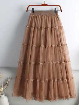 Милая кружевная фатиновая юбка в стиле пэчворк для женщин 2023, весна-лето, Корейская элегантная Однотонная юбка Миди с высокой талией, длинная юбка Femal Z544  5